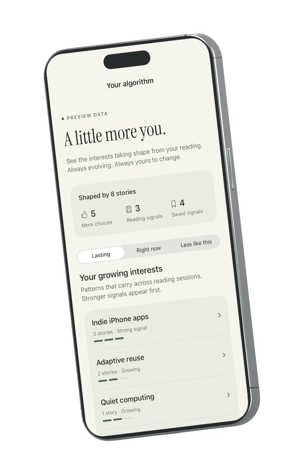 Your algorithm: visible reading signals and growing interests in Folio, shown with preview data