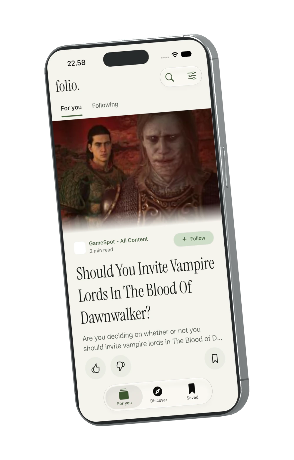 A rendered iPhone displaying an unmodified capture of Folio’s live feed