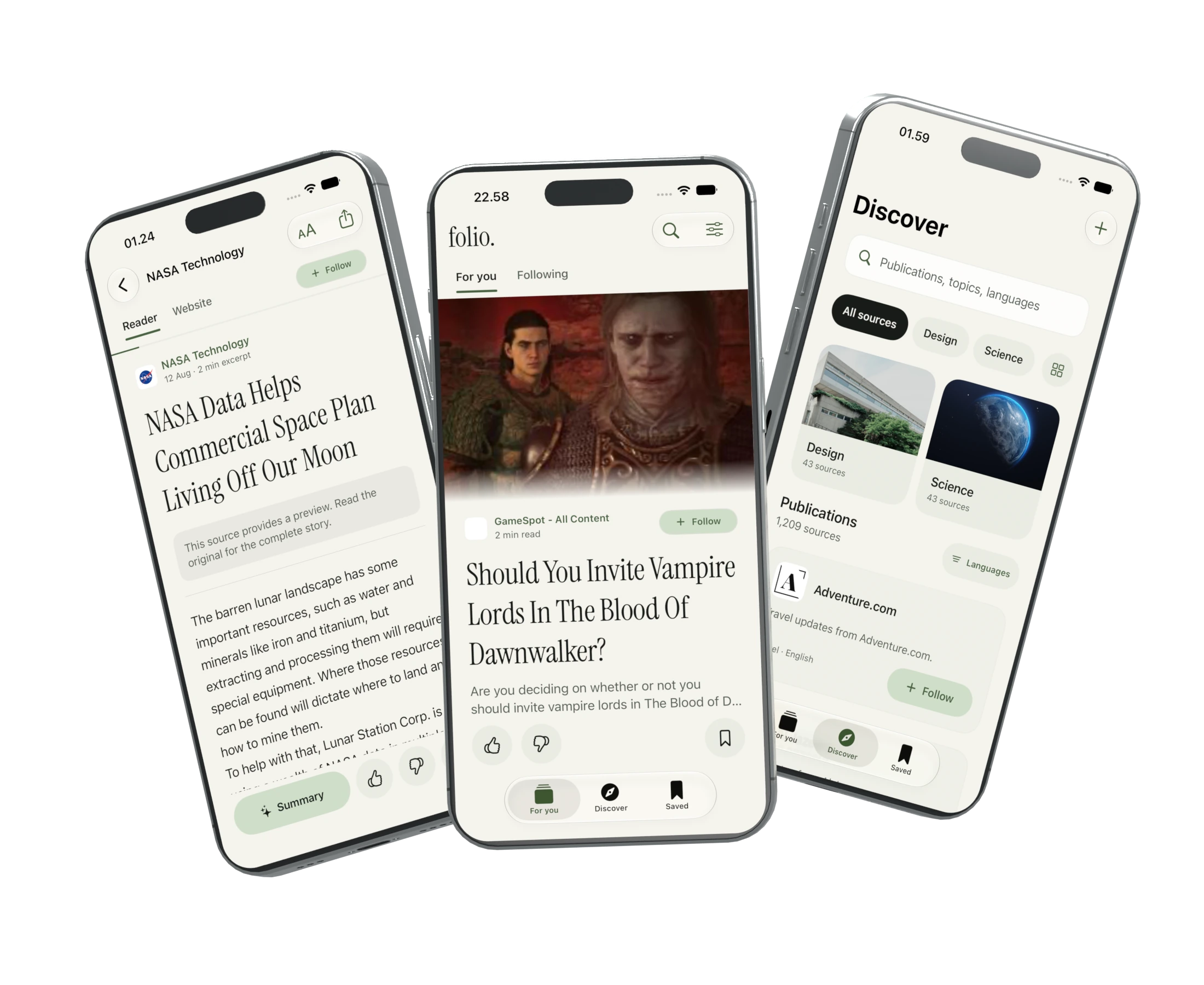 Three rendered iPhones showing actual Folio screens: a NASA article in the reader, the live personalised feed, and the Discover publication catalog.