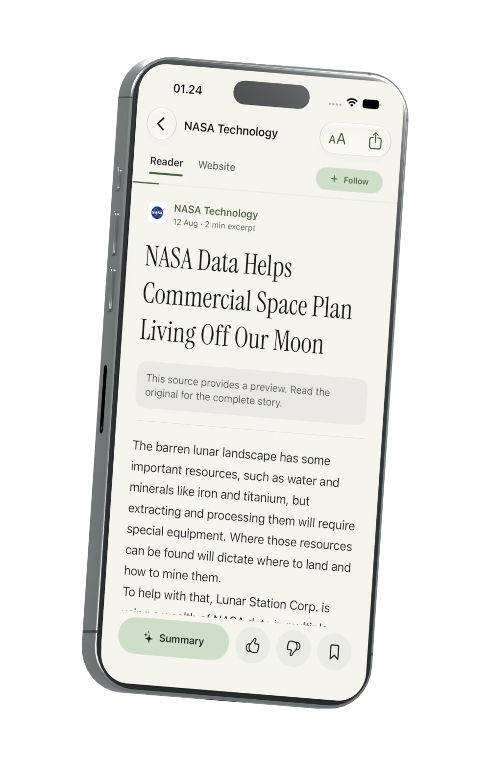 A rendered iPhone displaying Folio’s native reader with a NASA Technology article