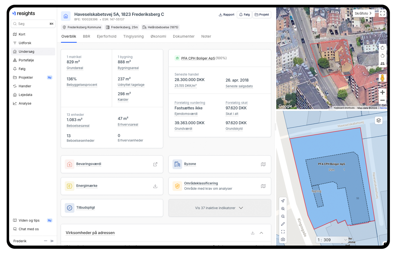 Resights property overview, with building details, aerial photography and a cadastral map.